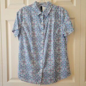Worthington Men's Short Sleeve Button Up Shirt M Blue Purple 100% Cotton